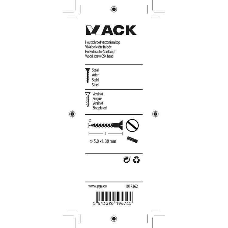 Mack 1017362 - houtschroef verzonken kop verz12 st 5,0 x 30 mm | 10 stuks