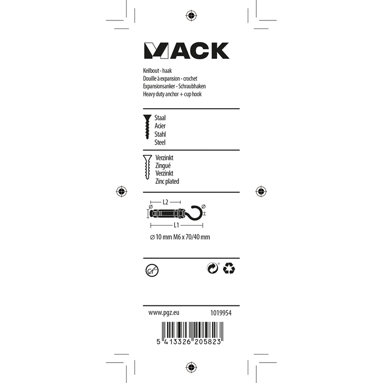 Mack 1019954 - keilbout schroefhaak verzinkt 2 st m6x70 10x40 | 5 stuks