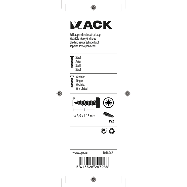 Mack 1018062 - zelftappende schroef cylkop verz. 65 st 3,9 x 13 mm | 10 stuks