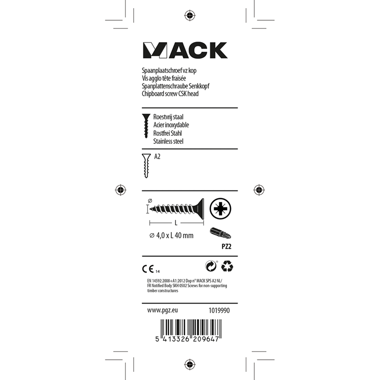 Mack 1019990 - spaanplaatschroef vz kop rvs 40 st 4,0 x 40 mm | 5 stuks