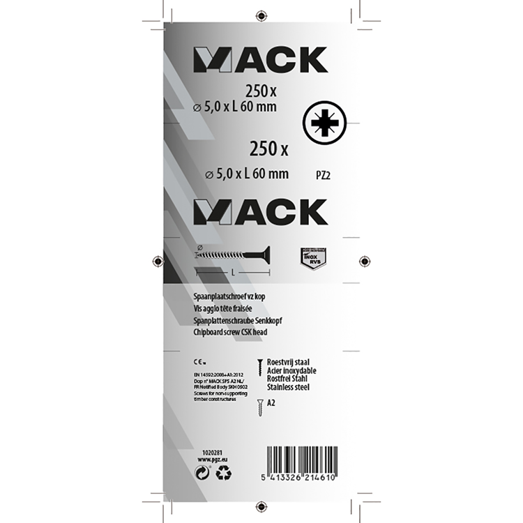 Mack 1020281 - spaanplaatschroef vz kop inox a2 250 st 5,0 x 60 mm | 2 stuks