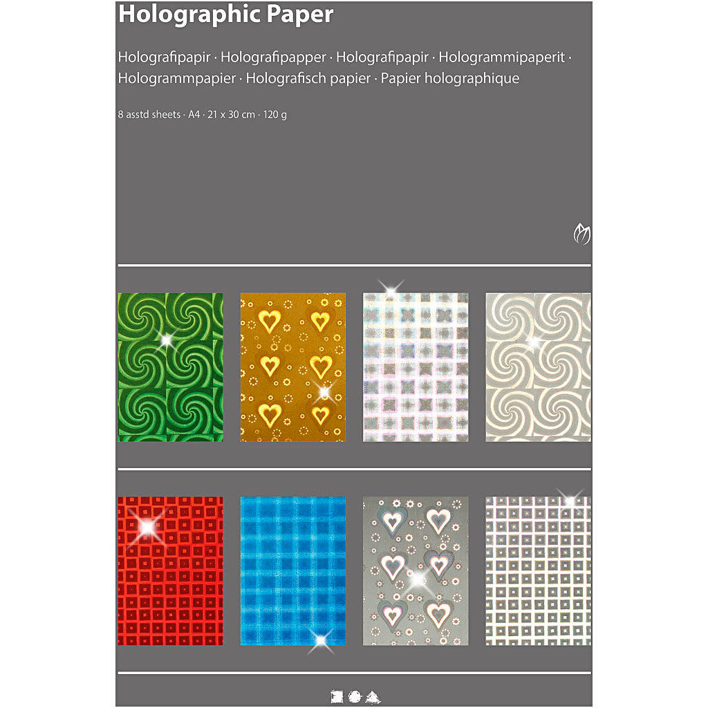 Holografisches Papier der Firma Creativ, A4, Blatt 210 x 297 mm, 120 g, 8 Blatt, 1 Karton