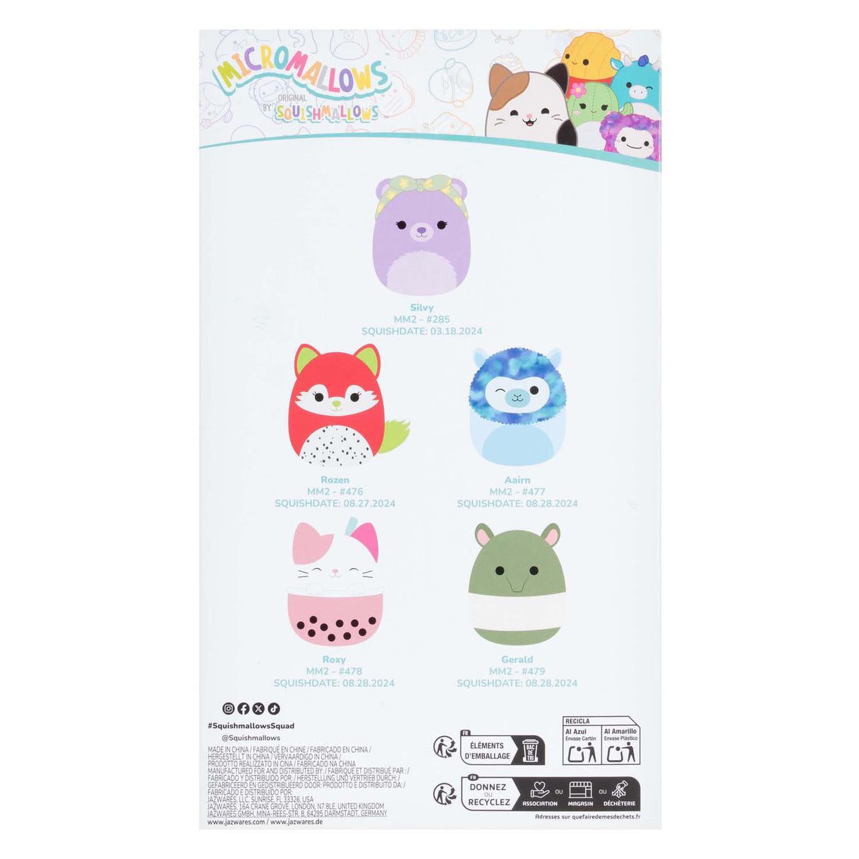 Jazwares Squishmallows Kuscheltier Plüsch – Micromallows Silvy, Rosen, Aarin, Roxy, Gerald – 5 Stück.