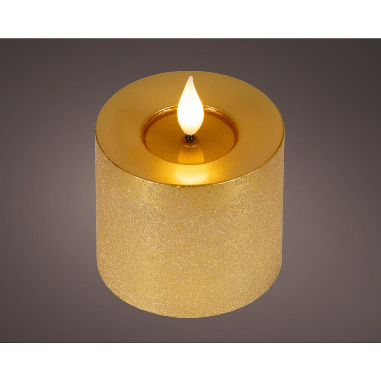 Lumineo realistische led kaars met wax pit en vlam effect ã˜7.5x9,5cm goud met 6uur timer werkt op batterij