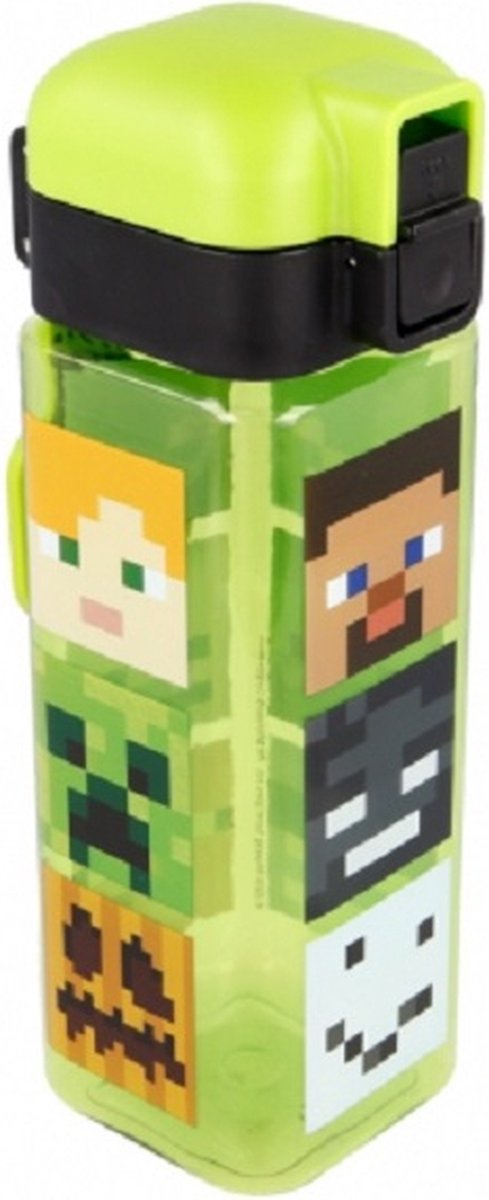 Minecraft-Figuren – quadratische Trinkflasche Trinkbecher mit Sicherheitsverschluss und Tragering – 550 ml – BPA-frei