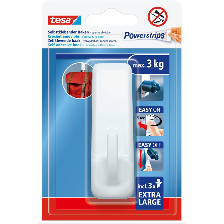 Tesa powerstrips haak xl ovaal - wit - herbruikbare wandhaak - zonder boren - 1 haak + 3 powerstrips