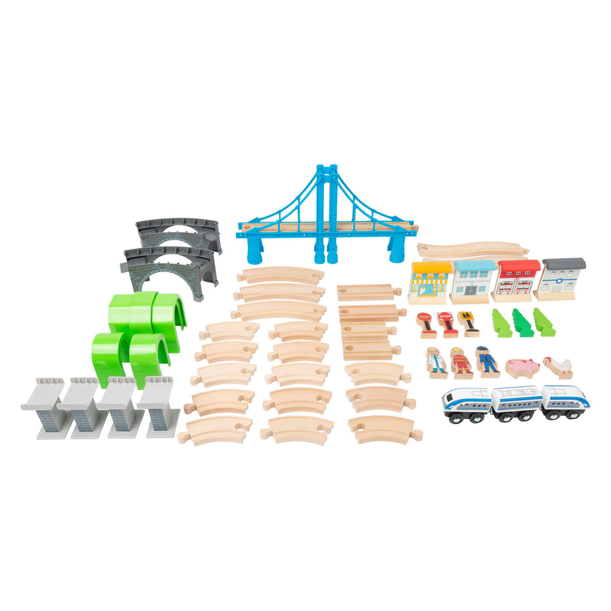 Small Foot - Holzeisenbahnset mit Brücke, 60-teilig.