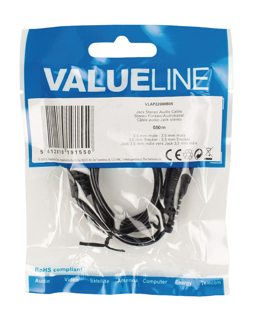 Valueline vlap22000b05 Klinken-Stereo-Audiokabel 3,5 mm Stecker – 3,5 mm Stecker 0,50 m schwarz
