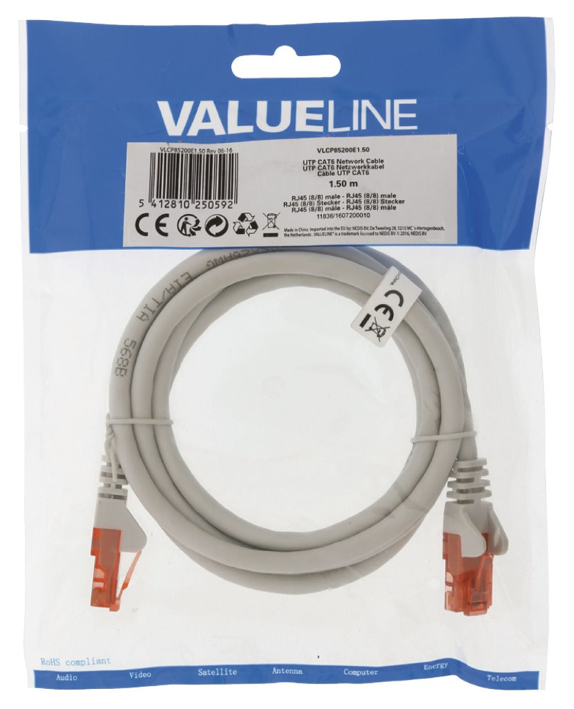 Valueline vlcp85200e1.50 Cat6 UTP-Netzwerkkabel RJ45 (8 8) männlich – RJ45 (8 8) männlich 1,50 m grau