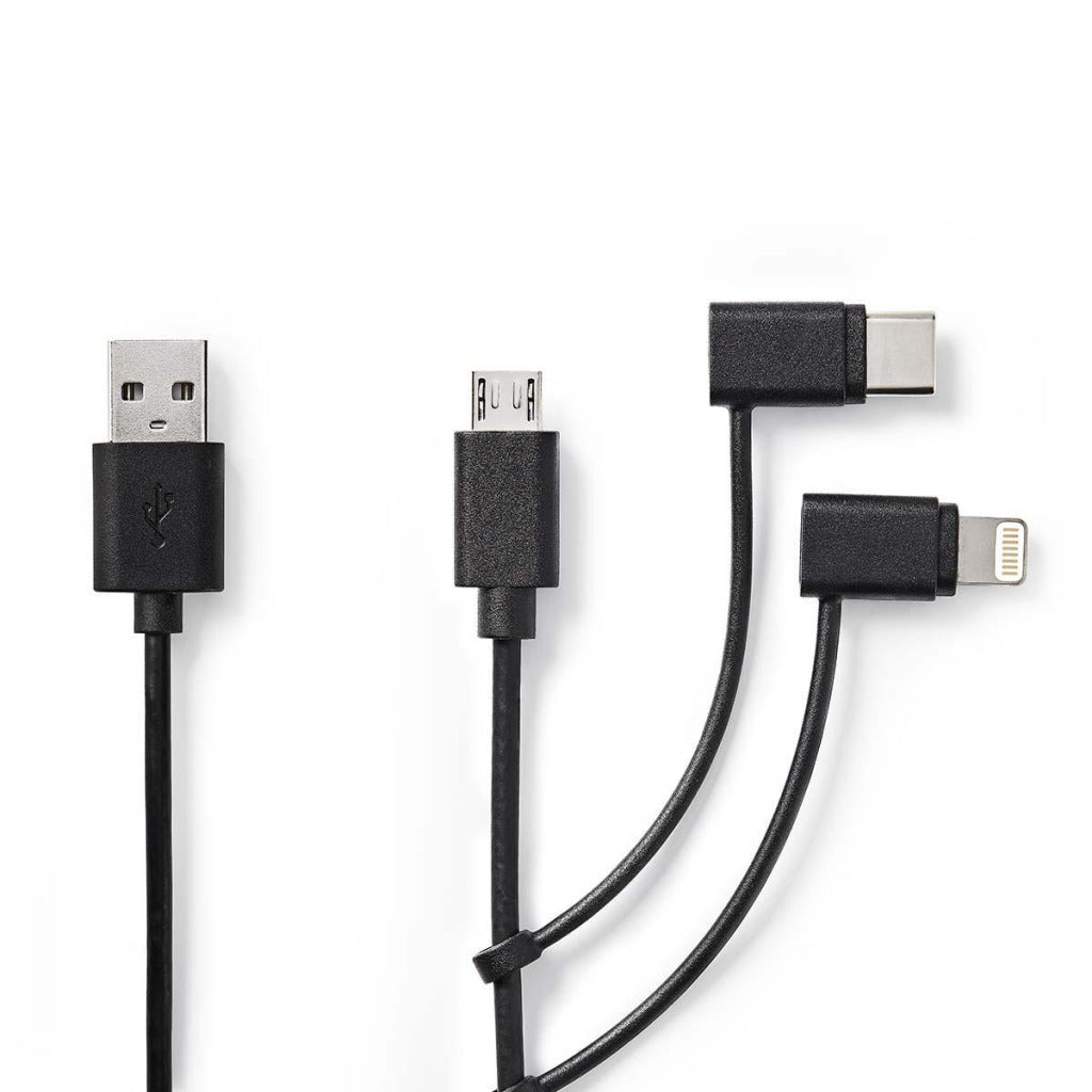 Nedis CCGP60620BK10 3-in-1-Synchronisierungs- und Ladekabel, USB-A-Stecker – Micro-B-Stecker, Typ-C-Stecker, Apple Lightning 8-Pin-Stecker, 1,0 m, Schwarz