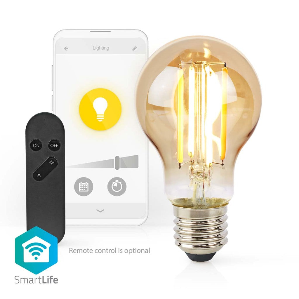 Nedis WiFiLRF10A60 SmartLife LED-Glühlampe, WLAN, E27, 806 lm, 7 W, warmweißes Glas, Android iOS, Birne