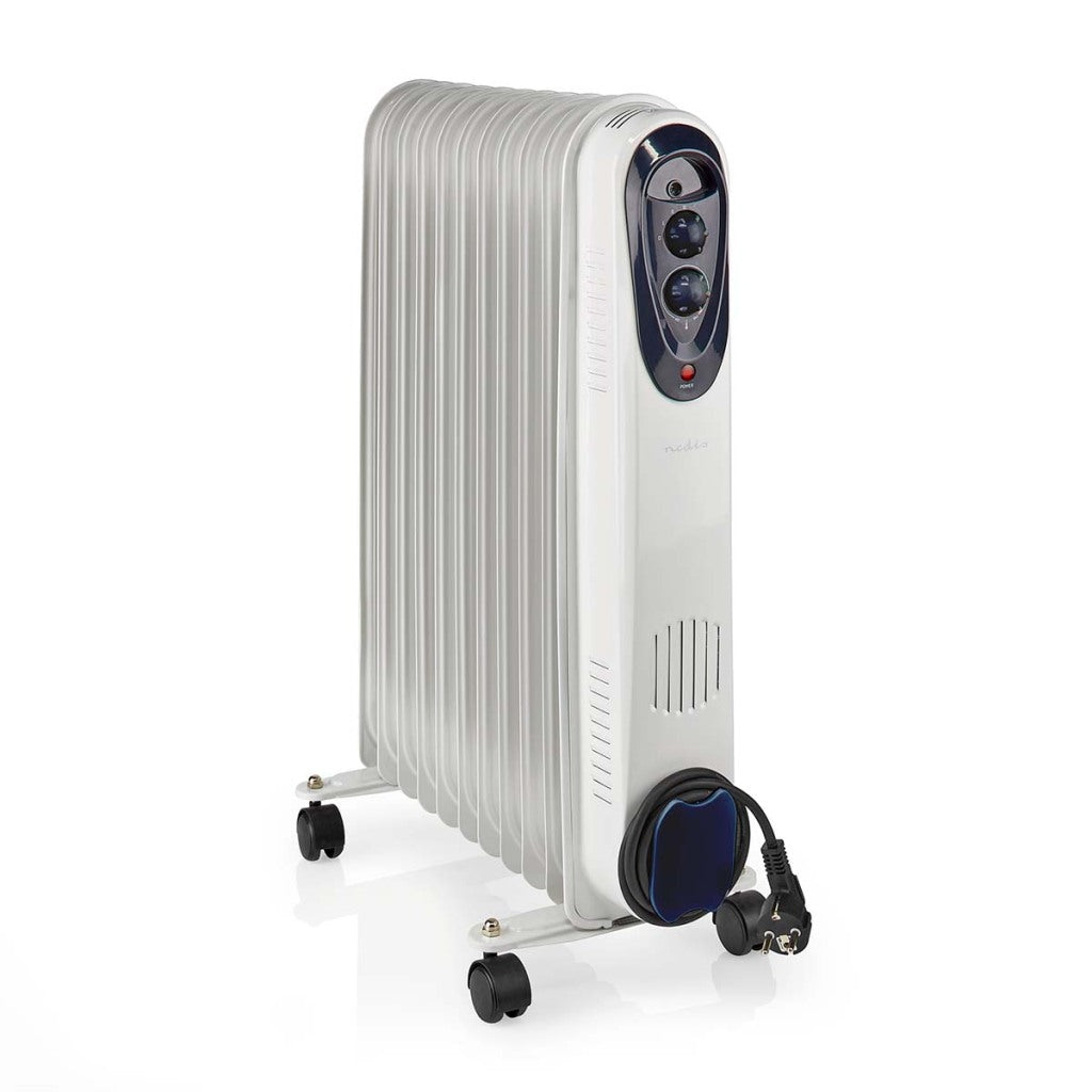 Nedis htoi30wt11 mobiler Ölradiator 1000 1500 2500 W 11 Lamellen einstellbarer Thermostat 3 Heizstufen Kippschutz weiß