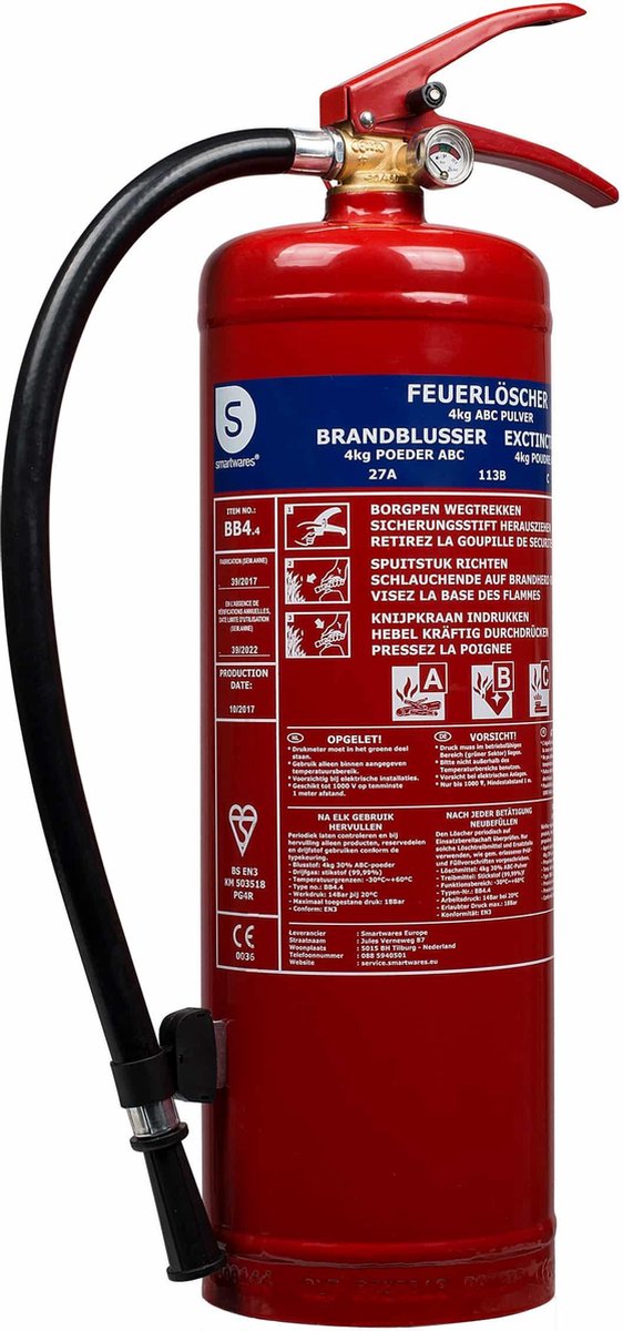 Smartwares fex-15140 - Feuerlöscherpulver 4kg - inkl. Montagehalterung - Brandklasse ABC - BSI-zertifiziert