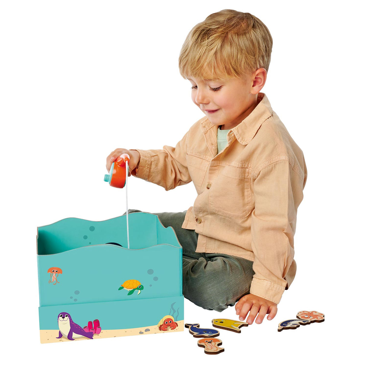 Simba Angelspiel aus Holz, Lernspielzeug, Aquarium, Magnet-Angelrute, 19-teilig.