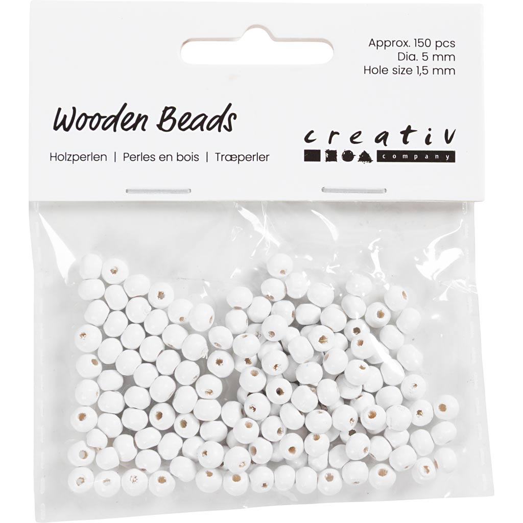 Creativ Company Holzperlen, D 5 mm, Lochgröße 1,5 mm, ca. 150 Stück, weiß, 6 g 1 Box