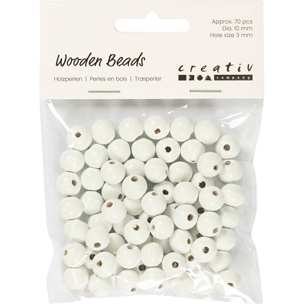 Creativ Company Holzperlen, D 10 mm, Lochgröße 3 mm, ca. 70 Stück, weiß, 20 g 1 Box