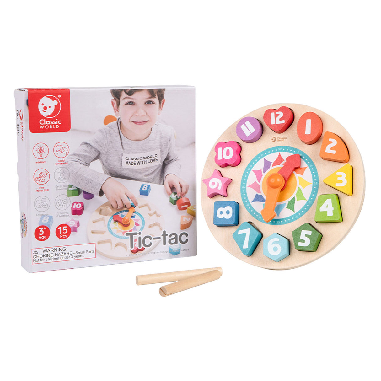 Klassische Welt-Lernuhr aus Holz mit Tic-Tac-Formen, 15-tlg.