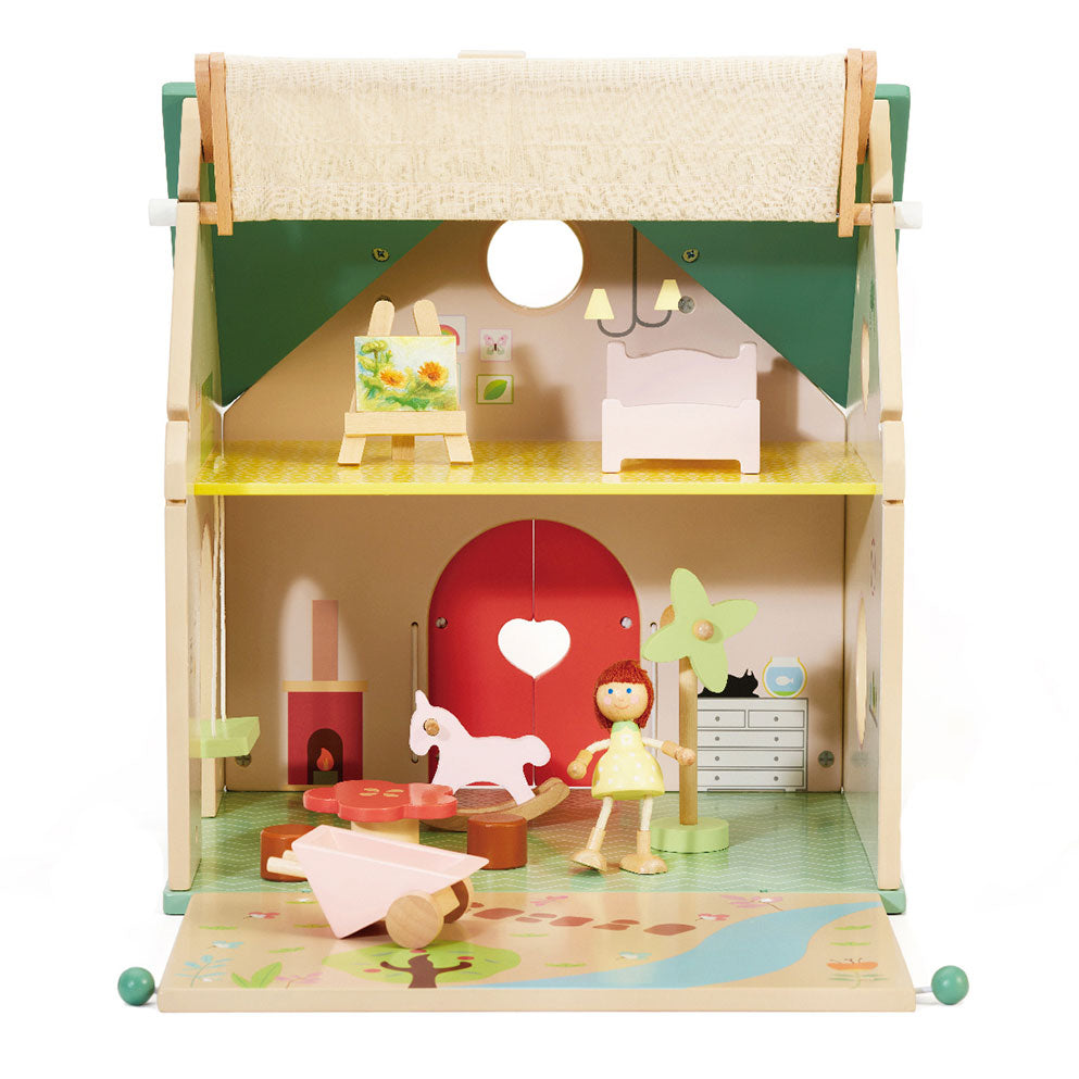 Klassisches Holzpuppenhaus mit Garten, 10dlg.
