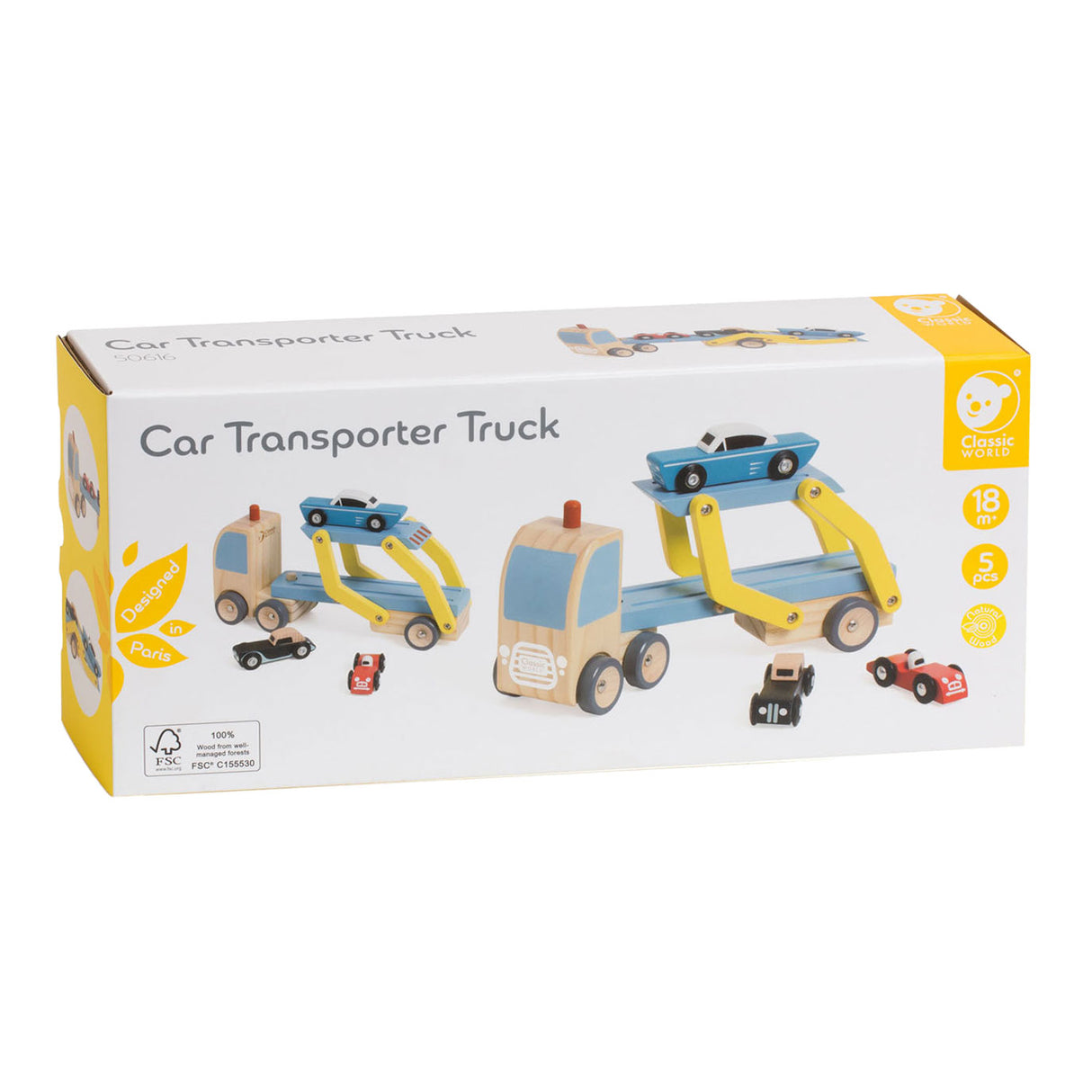 Klassischer Welttransporter aus Holz mit 3 Autos