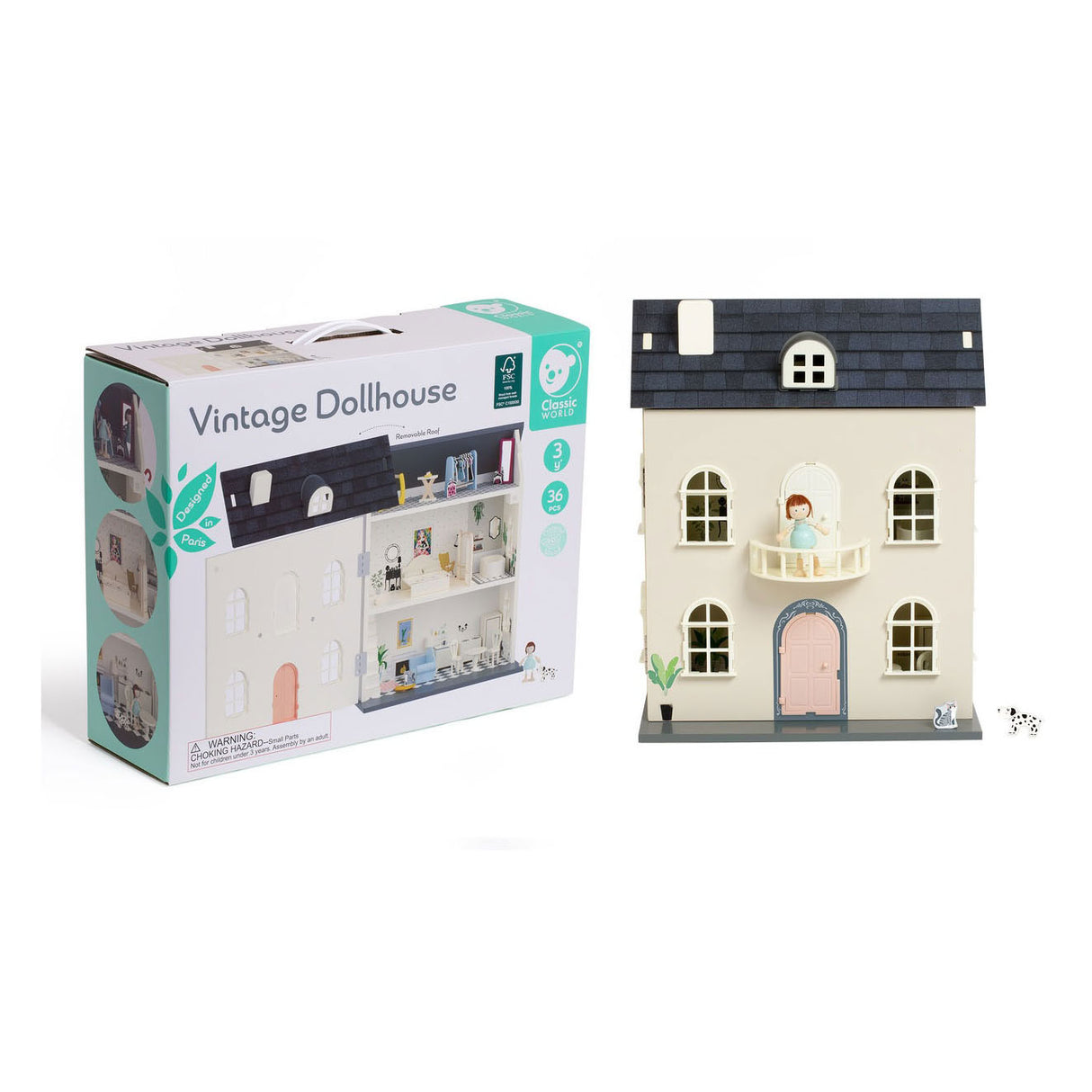 Classic World Vintage-Puppenhaus aus Holz, 36-teilig.