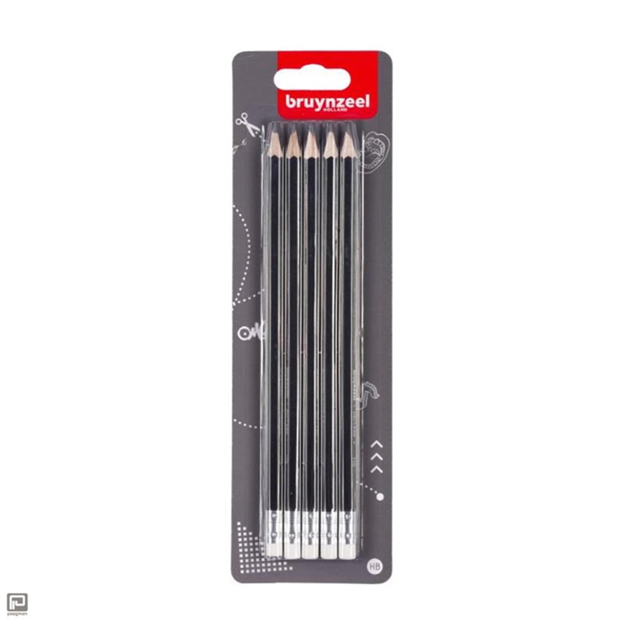 Bruynzeel Graphitstift-Set, 5 HB-Bleistifte mit Radiergummi