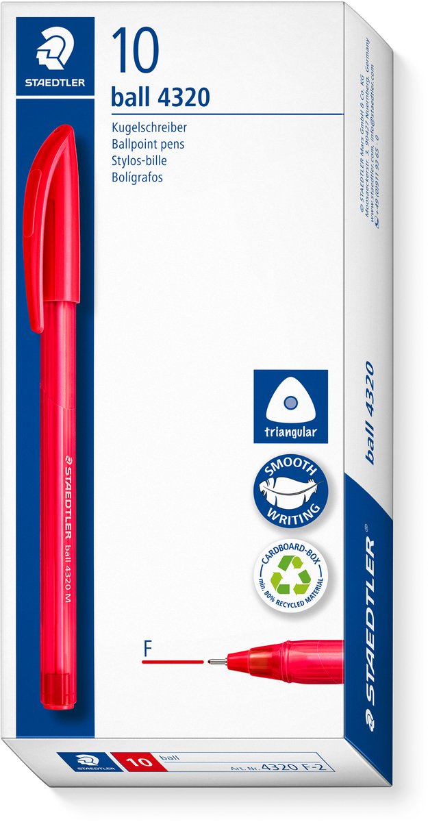 Staedtler Ball 4320 – dreieckiger Kugelschreiber – rot – fein – Schachtel mit 10 Stück