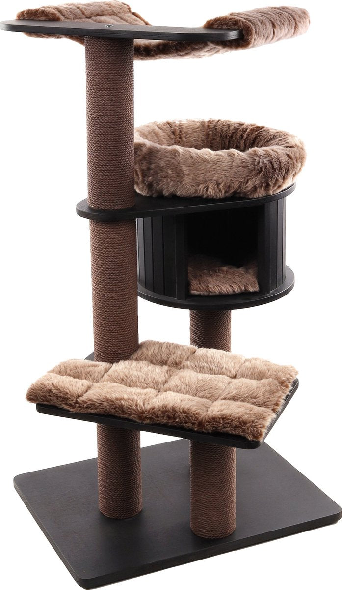 Flamingo krabpaal – raisa 2 bruin grijs – 106x87,5x130 cm – luxe kattenboom met mand, hangmat schuilplaats – krabpaal voor grote katten – met speeltje papieren touw