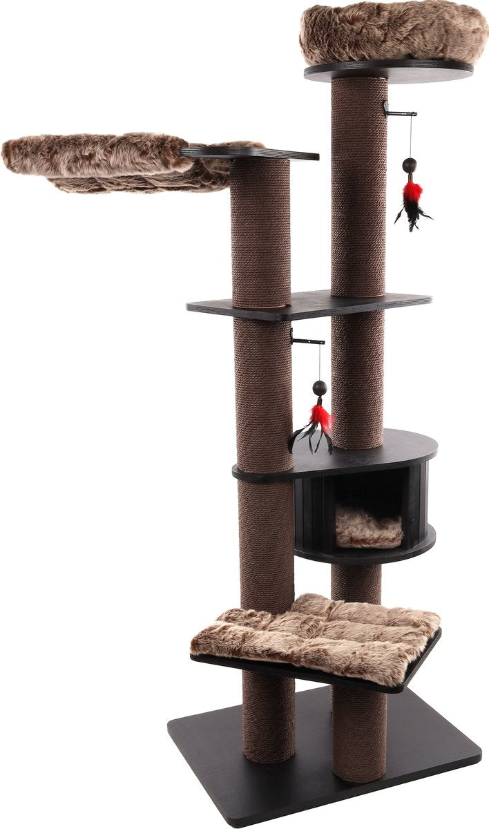 Flamingo-Kratzbaum – Raisa 3 Braungrau – 109 x 72,5 x 198 cm – XXL-Luxus-Kratzbaum mit Korb, Hängemattenkissen – Design-Kratzbaum mit Spielzeug – für alle Katzenrassen