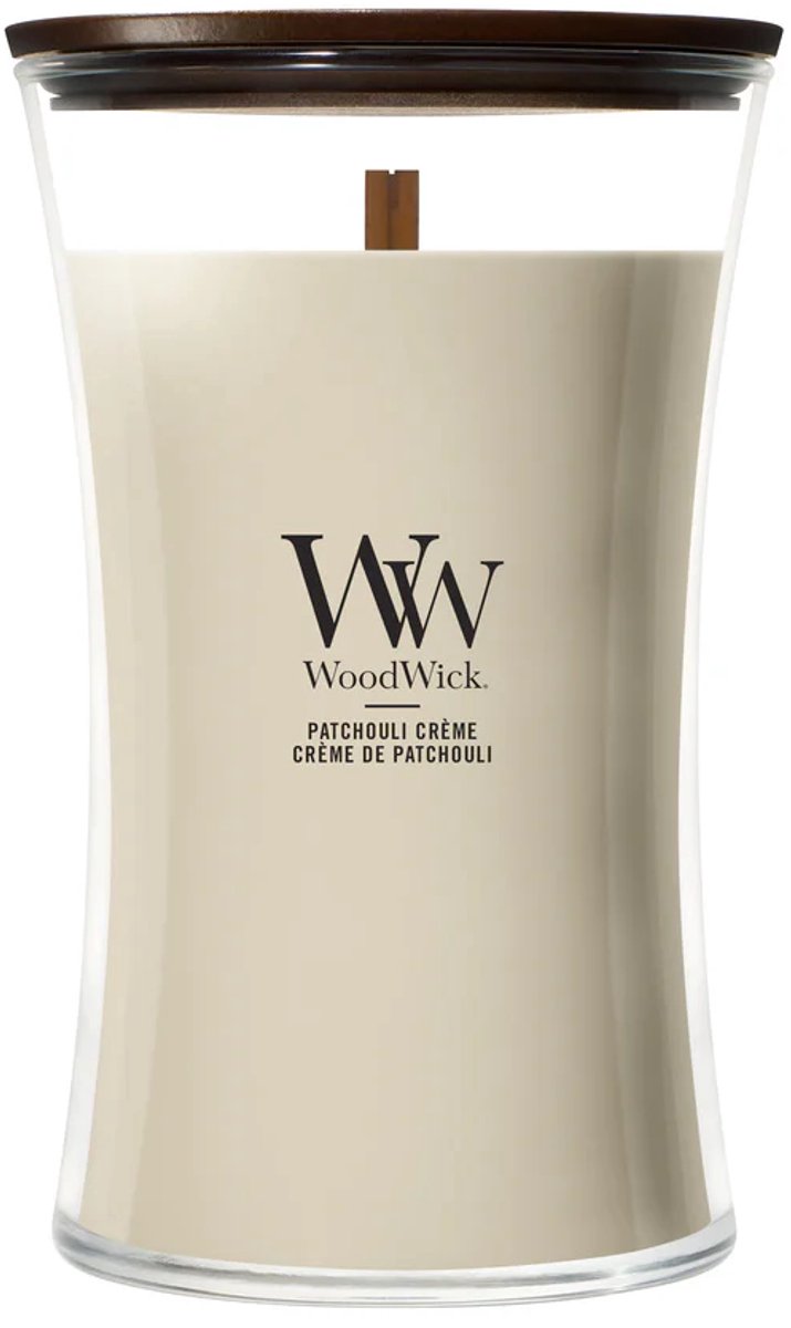 Große Sanduhr-Duftkerze von Woodwick – Patschuli-Creme – 130 Brennstunden