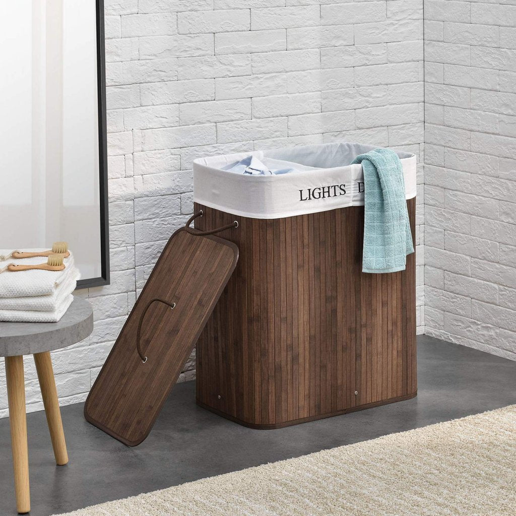 Homestyle Pro rechteckiger Bambus-Wäschekorb + Text 52x32x63 cm braun weiß