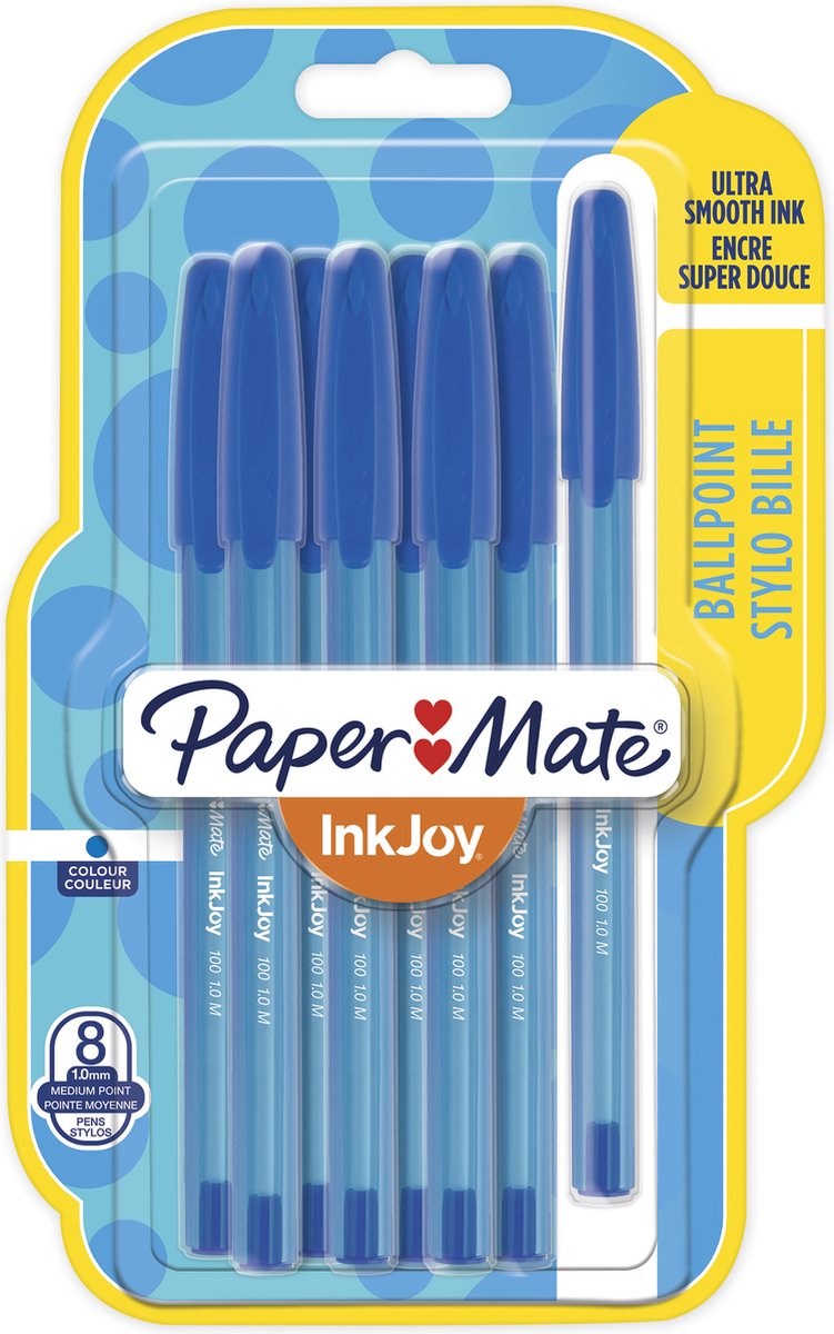 Paper Mate Inkjoy 100 Stück Kugelschreiber | mittlere Spitze (1,0 mm) | blaue Tinte | 8 Stück