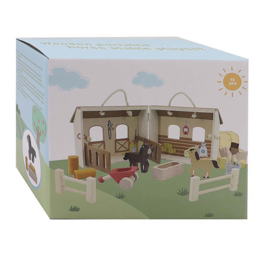 Tragbares Pferdestall-Spielset aus Holz, 13-teilig.