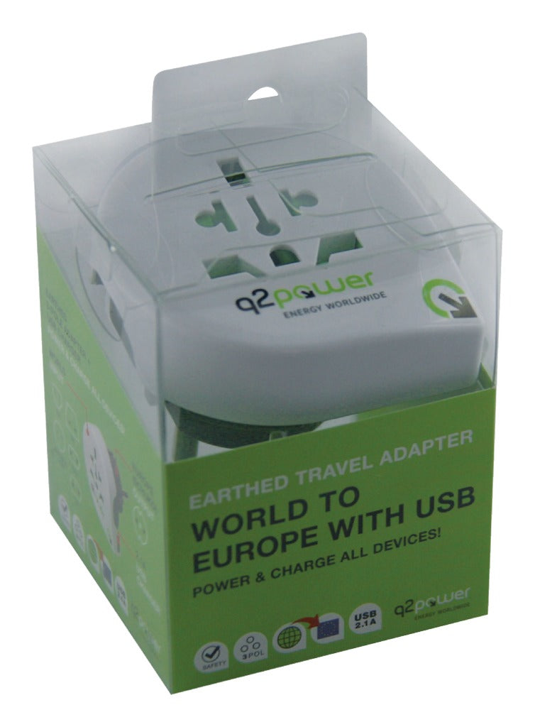 Q2 Power 1.100110 Reiseadapter Welt-zu-Europa USB geerdet