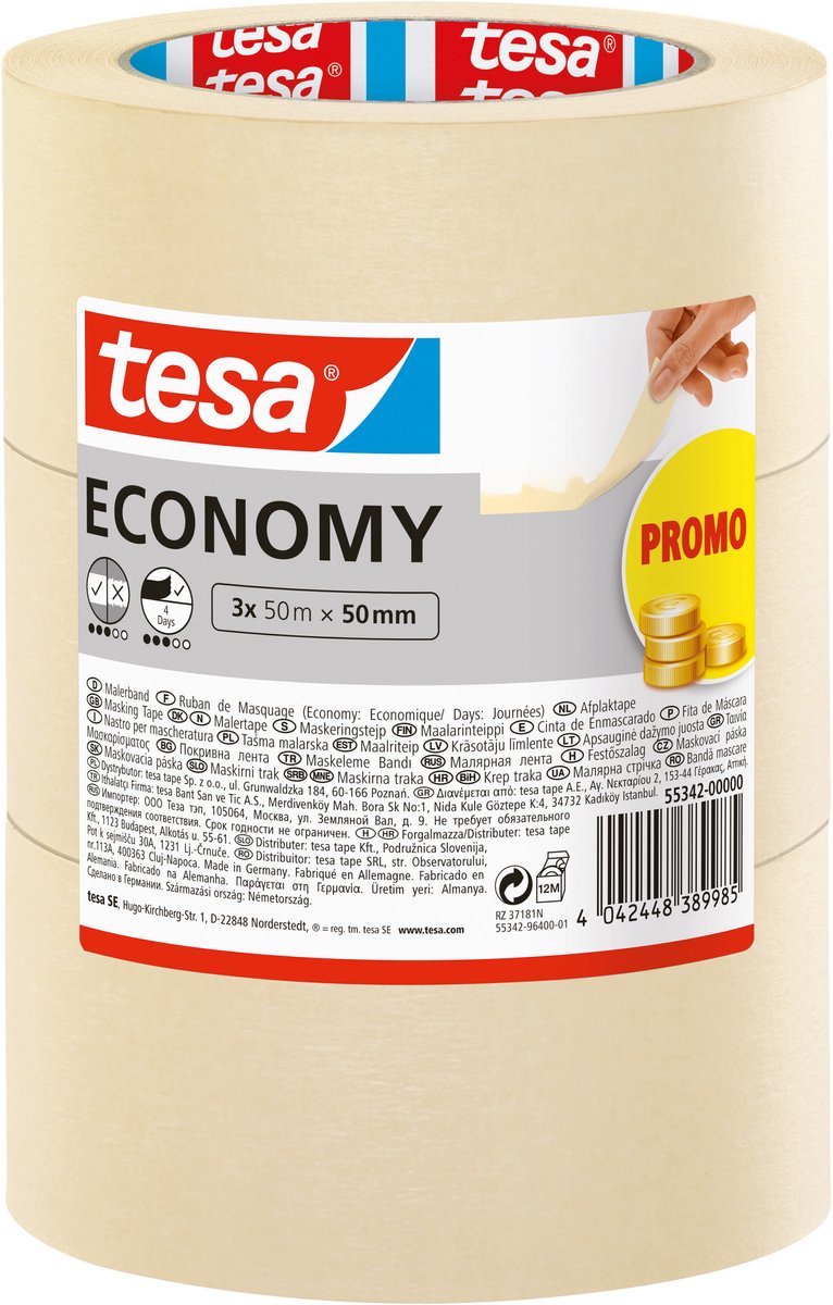 Tesa Abdeckband Universal Malerband Beige für fast alle Untergründe – Abdeckband 3x50m x 50mm