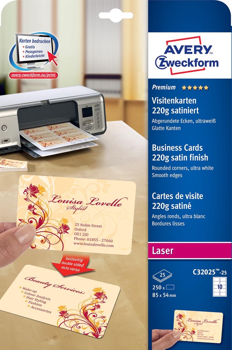 Visitenkarten ohne Marke Sans Marque Private Label Avery C32025, 85 x 54 mm, Weiß