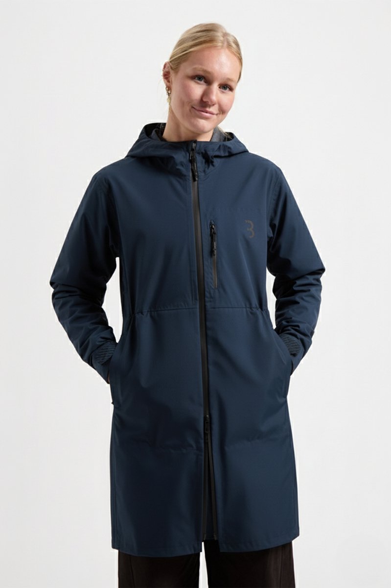 Bbb cycling regenjas dames waterdicht - rainshield parka - 10 tot 20 °c - ventilerend - lang model fietsjas unisex - donker blauw - l - bbw-471