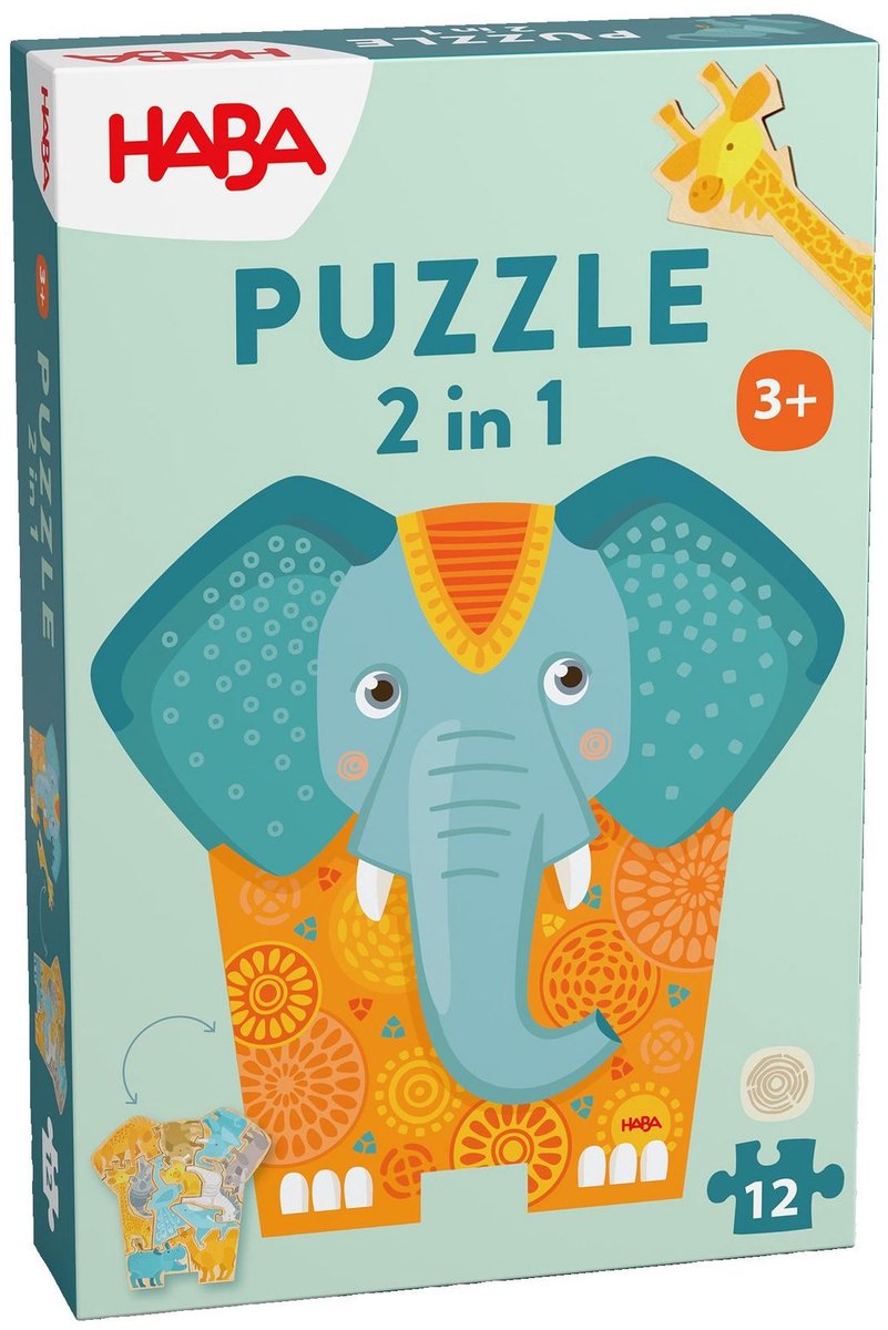 Haba Puzzle Tiere 2 in 1 - Elefantenkarton 12 Teile.