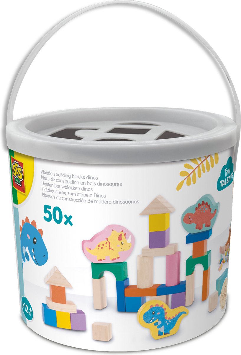 Sechs Holzbausteine Dinosaurier, 50 Stück.
