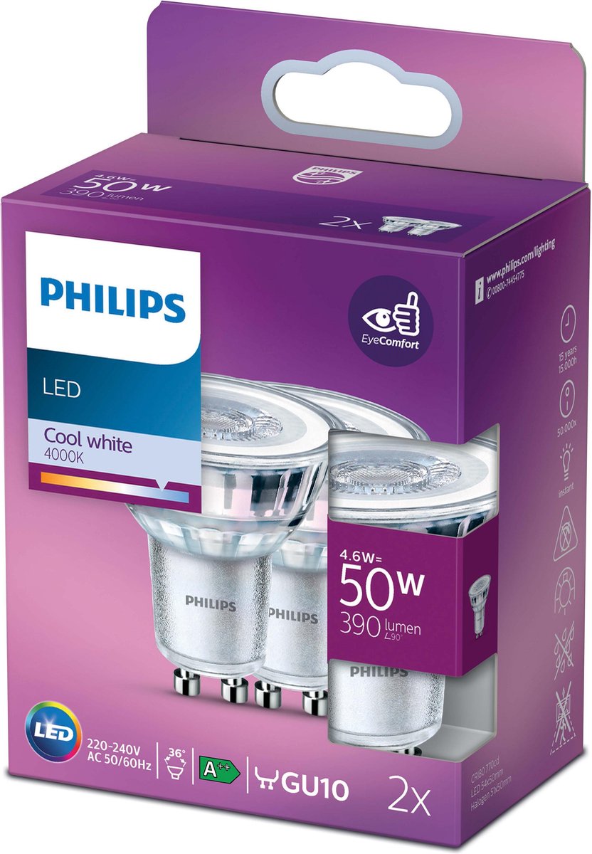 Philips led energiezuinige spot - 50 w - gu10 - koelwit licht - 2 stuks - bespaar op energiekosten