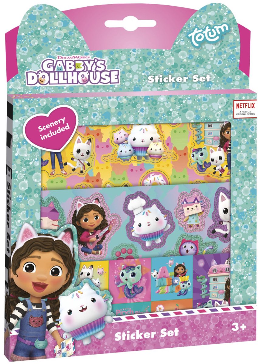 Totum Gabby's Dollhouse Sticker-Set 3 Bögen Aufkleber mit Spieldekor – Gabby's Dollhouse – kreatives Spielzeug für Mädchen ab 3 Jahren