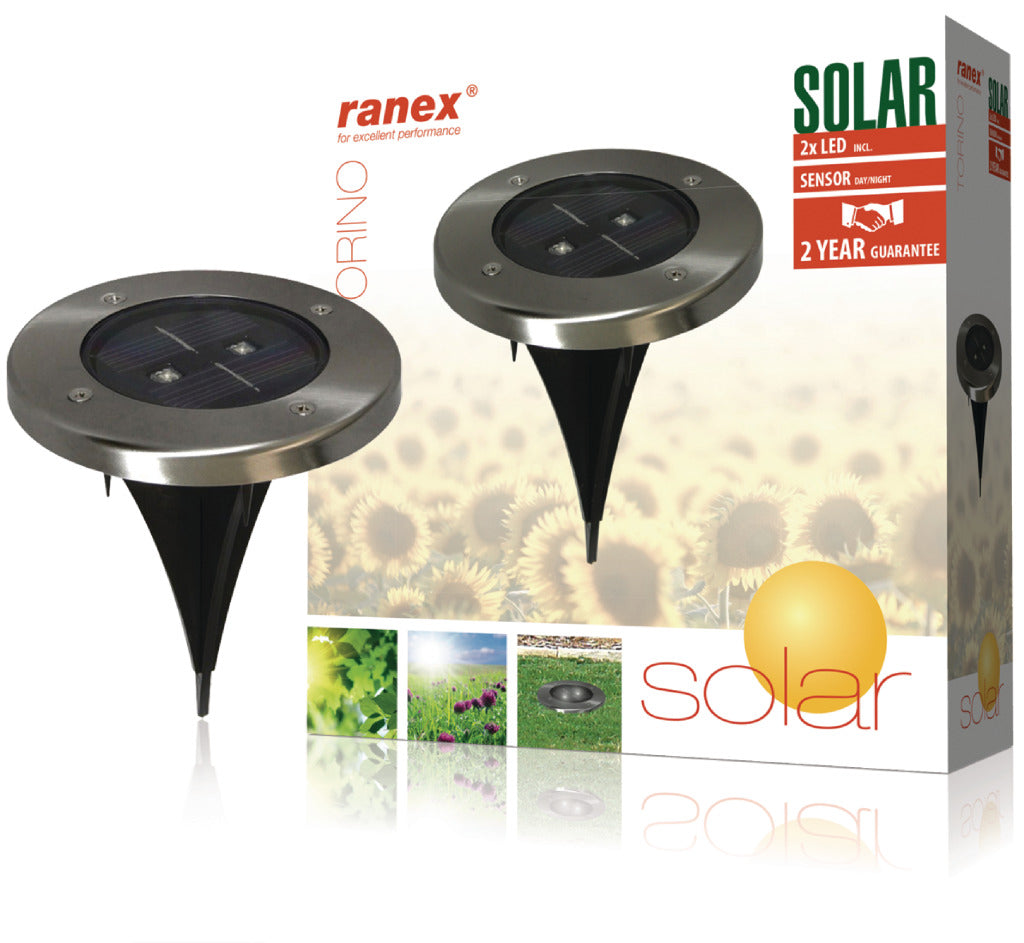 Ranex ra-5000389 runder LED-Solar-Bodenstrahler aus gebürstetem Edelstahlglas
