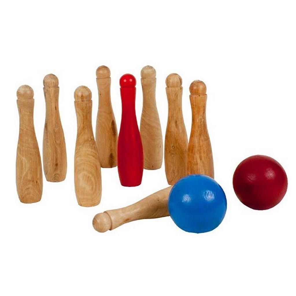 Outdoor-Spiel-Bowling-Set aus Holz für den Garten mit 9 Kegeln und 2 Bällen
