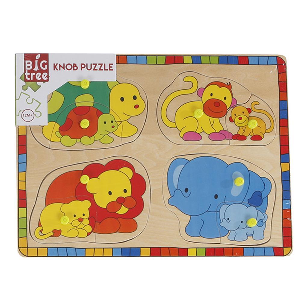 Holz-Studpuzzle Wildtiere mit Jungen, 8-tlg.