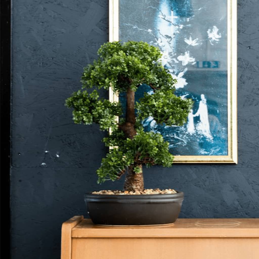Smaragdkunstpflanze in braunem Topf Ficus Minibonsai 43 cm