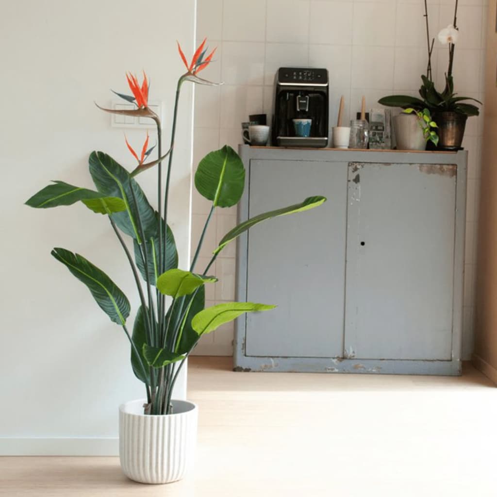 Smaragdkunstpflanze mit Topf und Blumen Strelitzia 120 cm