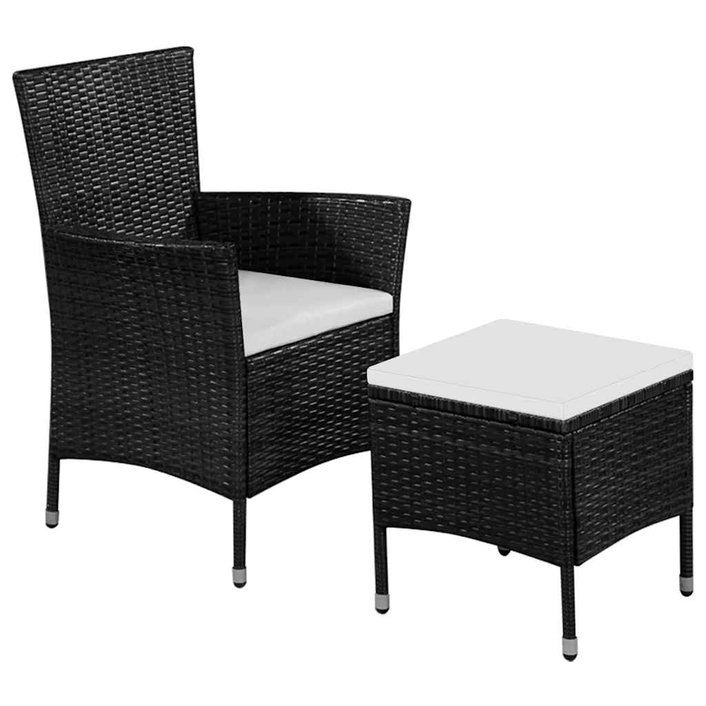 Vidaxl tuinstoel en kruk met kussens poly rattan zwart