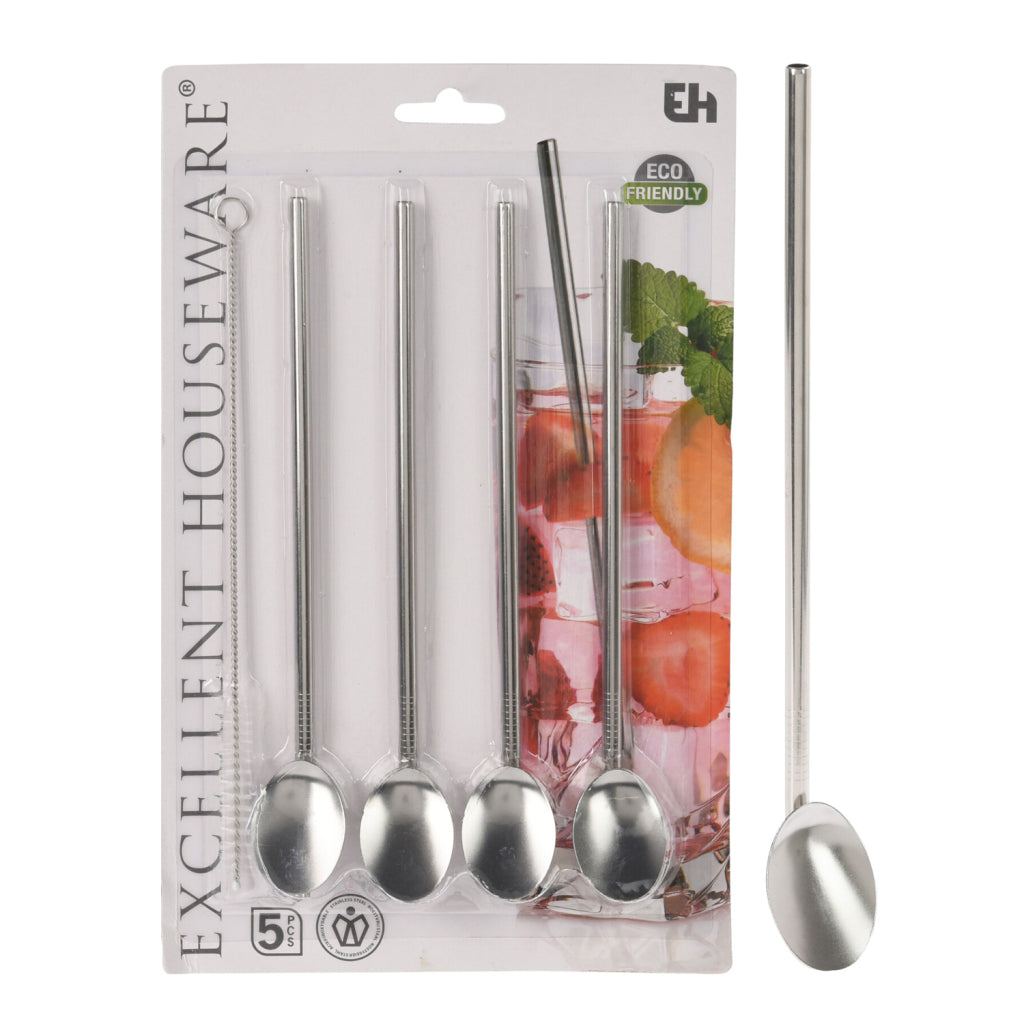 Excellent Houseware Trinkhalme aus Edelstahl mit Löffel, 4 Stück + Reinigungsbürste
