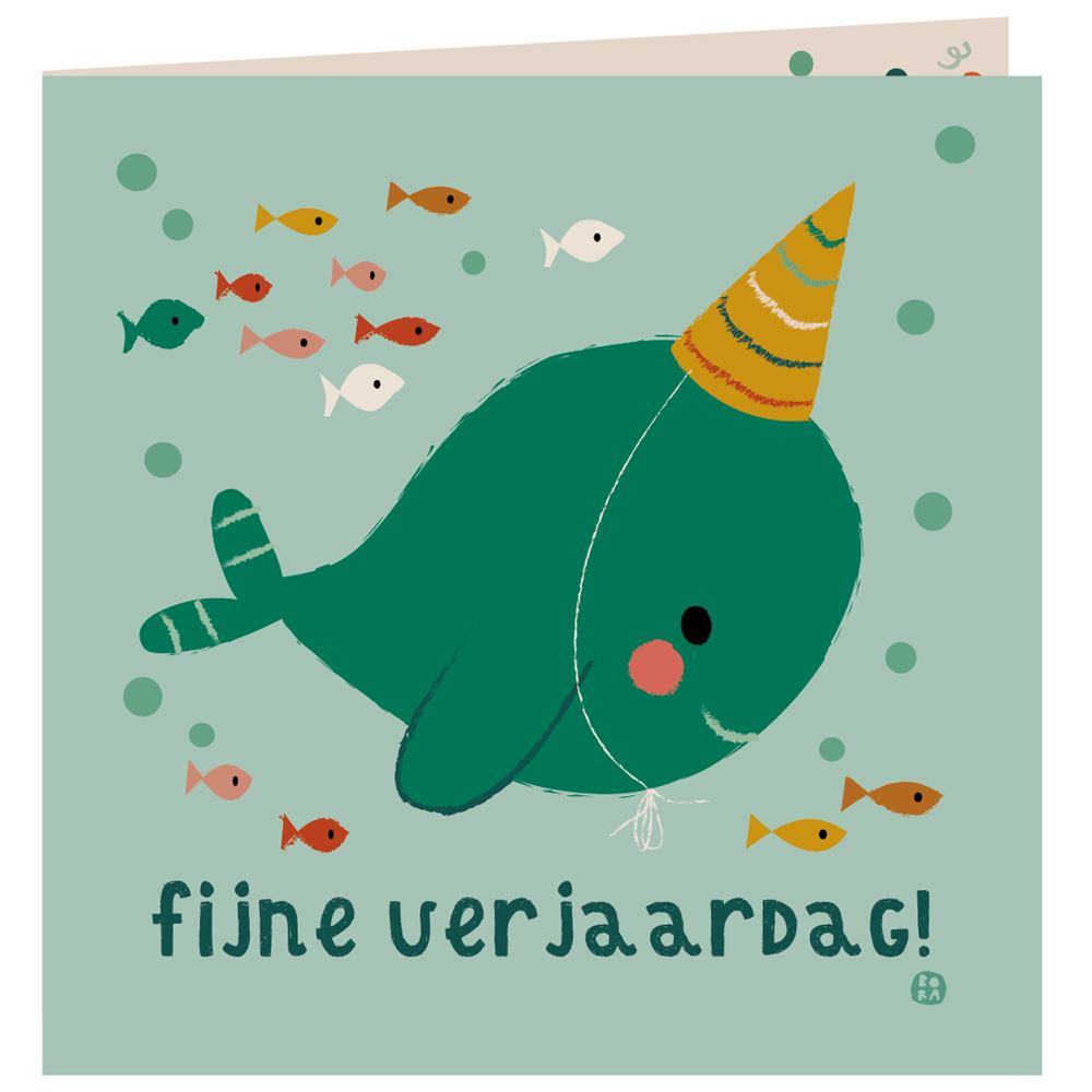 Zee verjaardagskaart+envelop. narwal fee