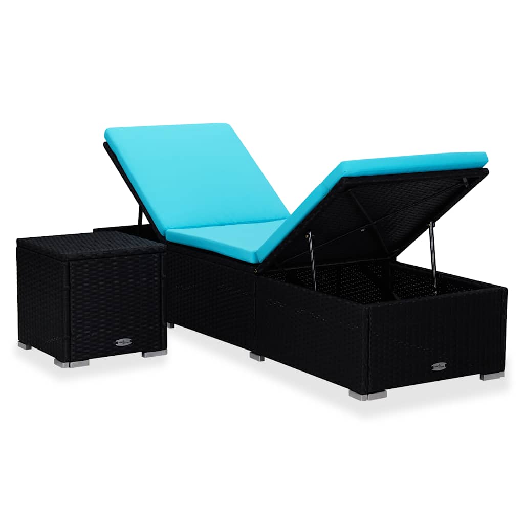 Vidaxl ligbed met kussen en theetafel poly rattan blauw