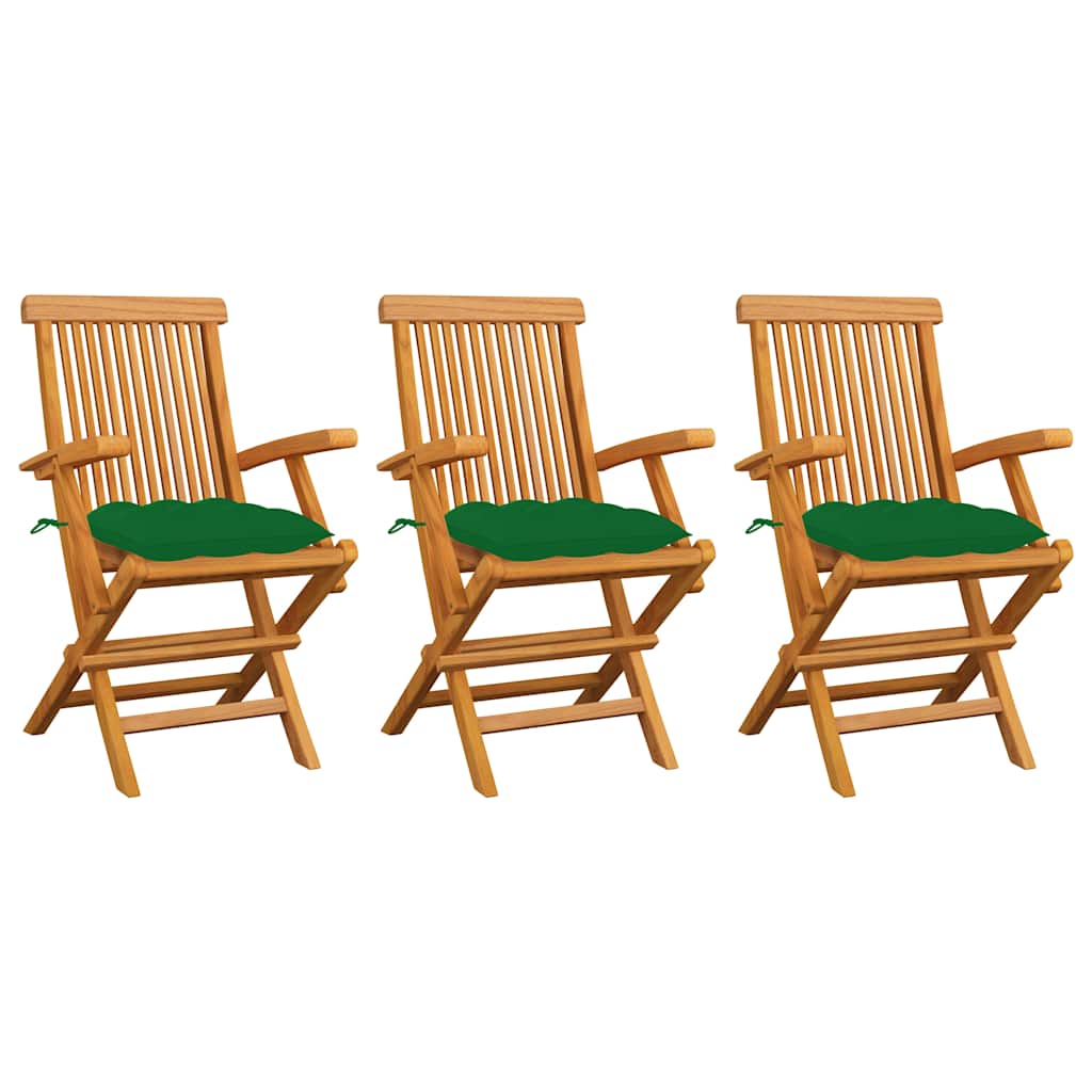 Vidaxl tuinstoelen 3 st met groene kussens massief teakhout